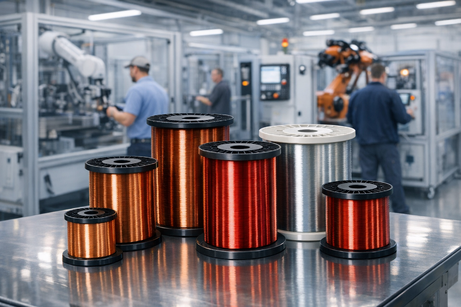 Diversi rocchetti di filo per avvolgimento elettromagnetico smaltato